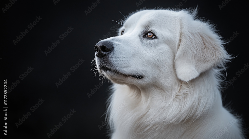 White Dog Portrait: A captivating close-up portrait of a majestic white dog, with a soft, fluffy coat, piercing eyes, and a gentle expression. The dog's gaze is directed upwards. White Dog Portrait: A captivating close-up portrait of a majestic white dog, with a soft, fluffy coat, piercing eyes, and a gentle expression. The dog's gaze is directed upwards.