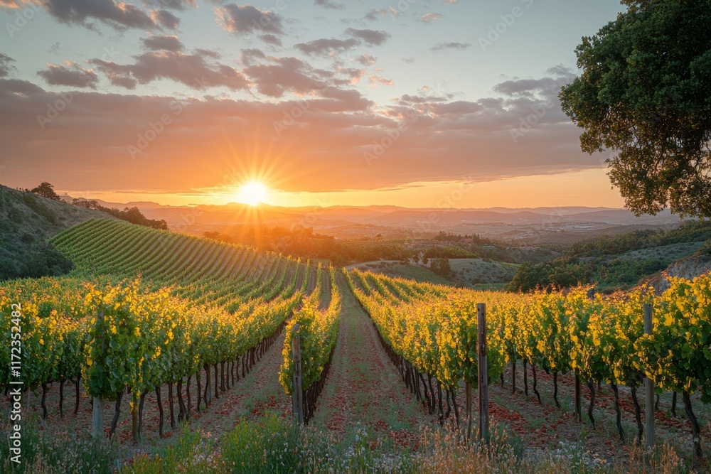 Naklejka premium Rows of grapevines in a vineyard at golden hour
