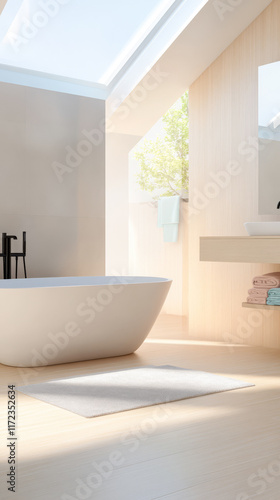 Modern bathroom with natural light and minimalist design featuring a freestanding tub