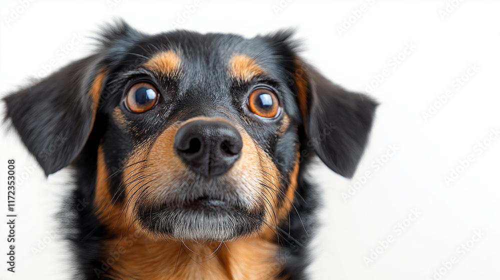 Curious Pup: A close-up of a black and tan dog with big, round eyes, tilted head, and curious expression. Its gaze is direct and inviting, making it an ideal image for pet-related themes. Curious Pup: A close-up of a black and tan dog with big, round eyes, tilted head, and curious expression. Its gaze is direct and inviting, making it an ideal image for pet-related themes.