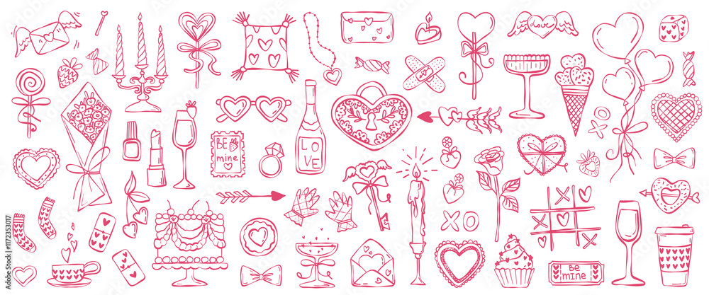 Set of vector images in sketch style for Valentine's Day. Set of simple ink cute bouquet, sunglasses, rose, balloons, amour arrow, candles, cake, vine isolated on white background. Hand drawn line ar Set of vector images in sketch style for Valentine's Day. Set of simple ink cute bouquet, sunglasses, rose, balloons, amour arrow, candles, cake, vine isolated on white background. Hand drawn line ar