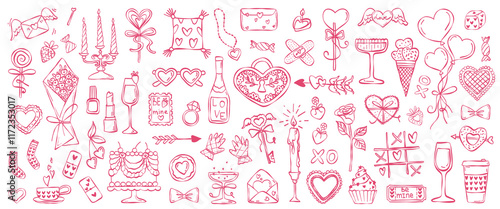 Set of vector images in sketch style for Valentine's Day. Set of simple ink cute bouquet,  sunglasses, rose, balloons, amour arrow, candles, cake, vine isolated on white background. Hand drawn line ar