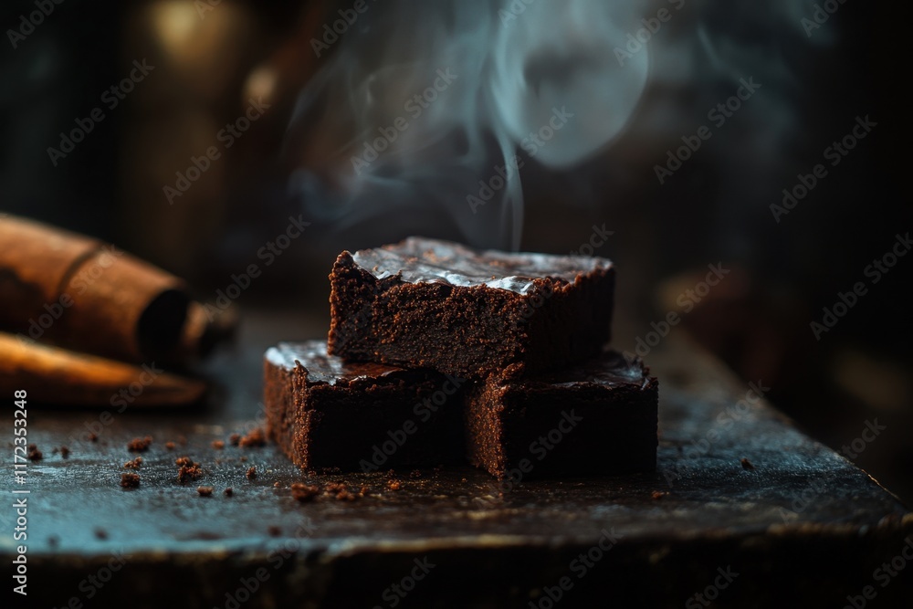 Warm Steaming Chocolate Brownies Stacked on Dark Surface Warm Steaming Chocolate Brownies Stacked on Dark Surface