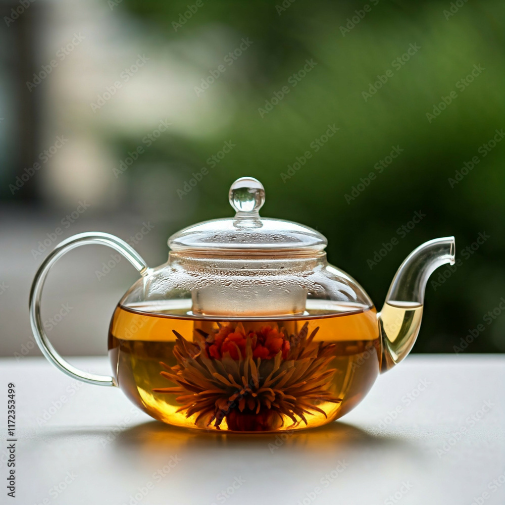 clear glass teapot with blooming flower tea infuser on white background