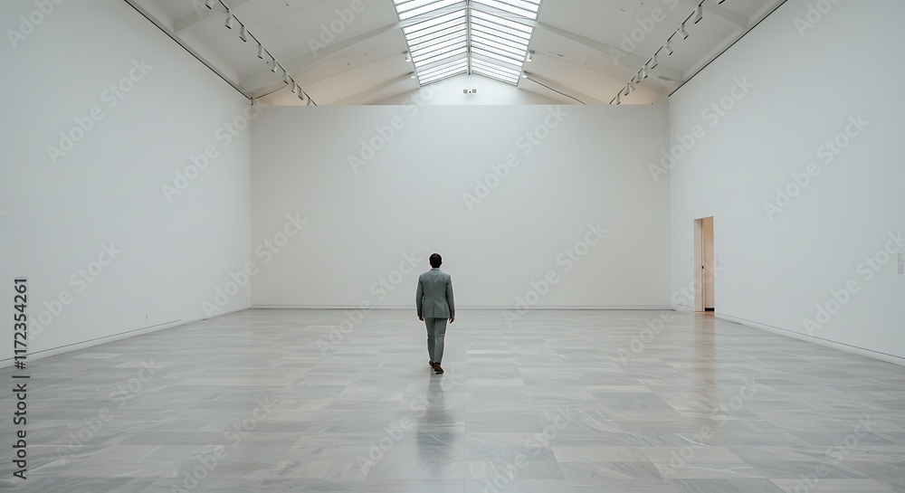 Young man walking in the empty gallery Young man walking in the empty gallery