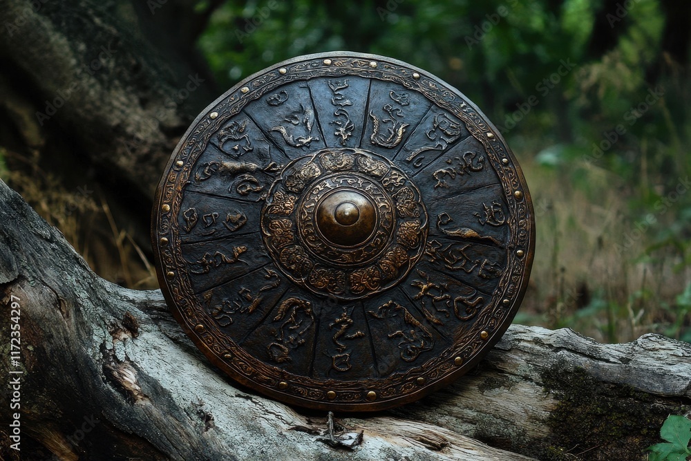 Fototapeta premium Ancient Decorative Shield Resting on a Weathered Log in a Forest Clearing Surrounded by Lush Greenery