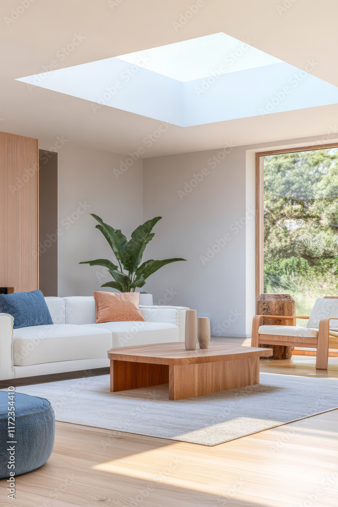 Fototapeta premium Modern living room with natural light and minimalist decor in a serene setting