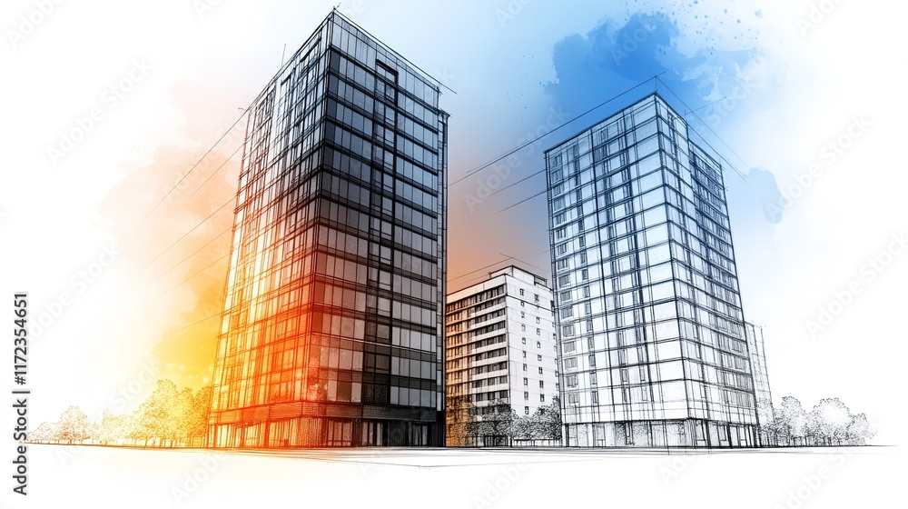 Modern Architectural Render of Skyscrapers in Urban Environment Modern Architectural Render of Skyscrapers in Urban Environment
