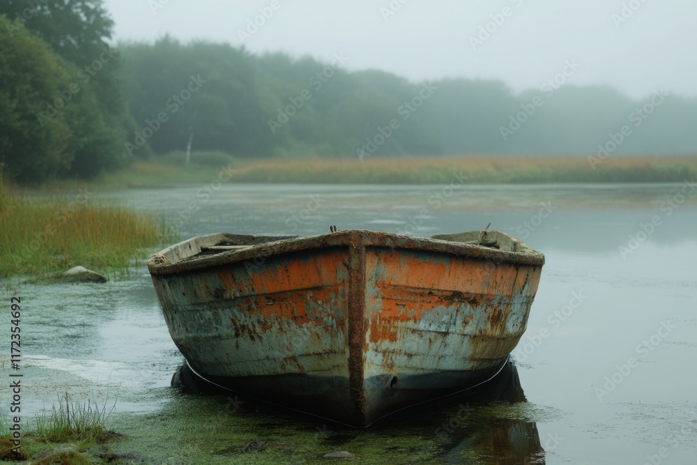 Wooden boat docked on a misty lake at sunrise Wooden boat docked on a misty lake at sunrise