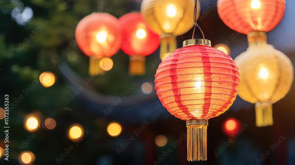 Fototapeta premium Chinese new year lanterns vibrant concept. Lanterns in bold red and gold hues floating in the night sky, their brilliance creating a vibrant display of celebration