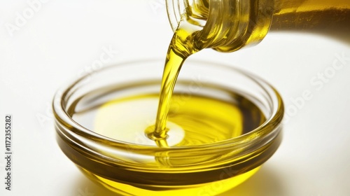 Olive oil being poured into a small glass bowl. (1) photo