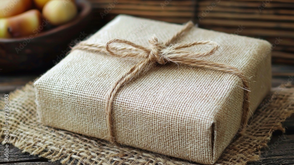 A wrapped gift with twine, placed on a rustic wooden surface. A wrapped gift with twine, placed on a rustic wooden surface.