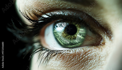 Closeup of a persons eye with money visible in the iris, symbolizing a venal or sellout concept, showcasing greed and materialism in a striking visual photo