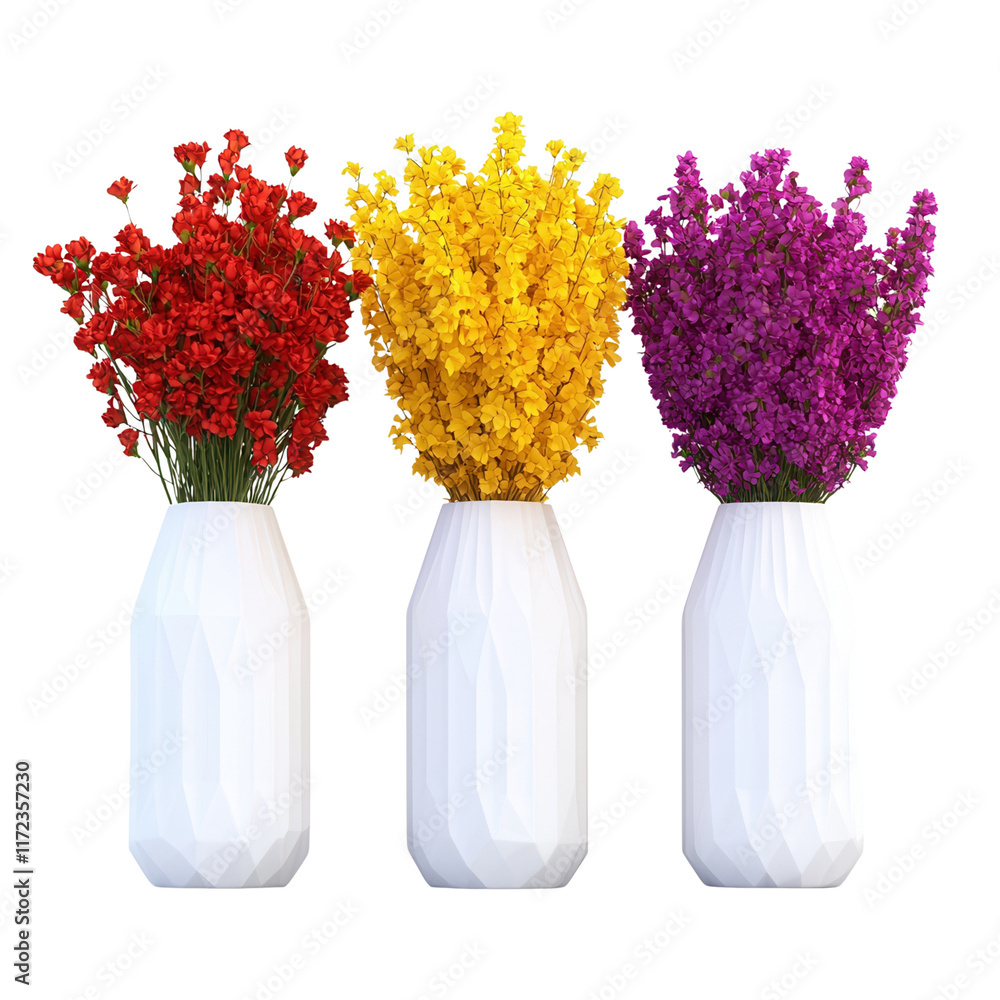 Obraz premium Three vibrant flower arrangements in white vases, showcasing red, yellow, and purple blooms.