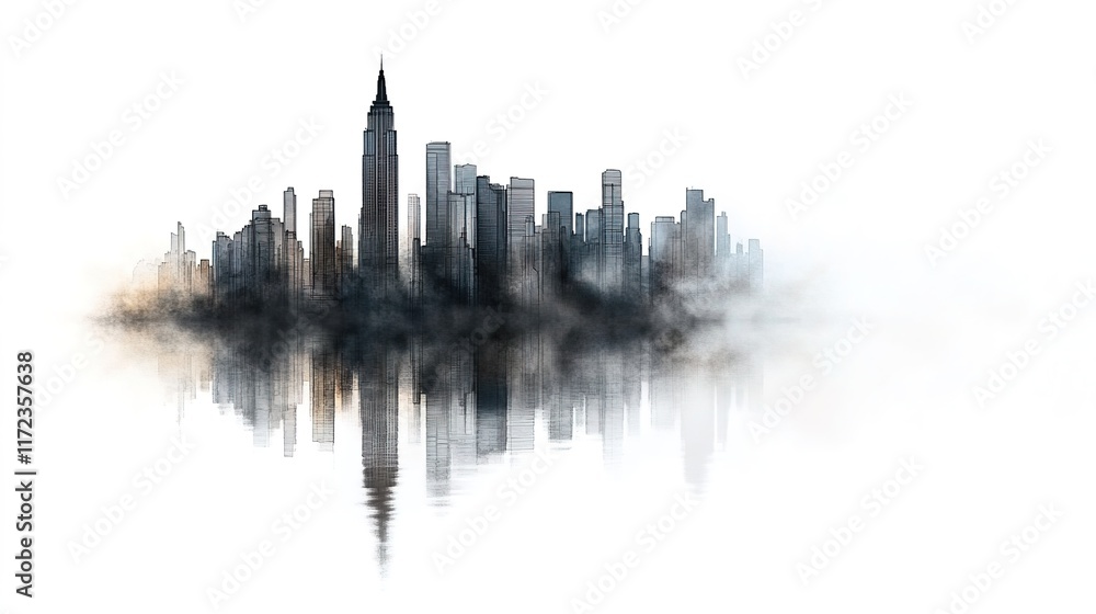 Urban Skyline Reflection with Mist and Fog in Monochrome Style Urban Skyline Reflection with Mist and Fog in Monochrome Style