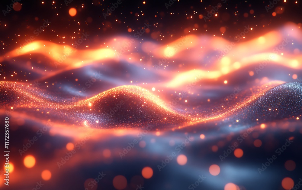 Abstract glowing particles forming wavy landscape.