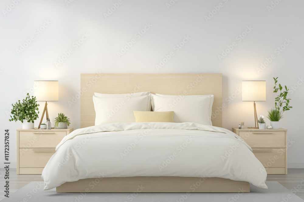 Fototapeta premium Modern minimalist bedroom design with natural elements and soft lighting