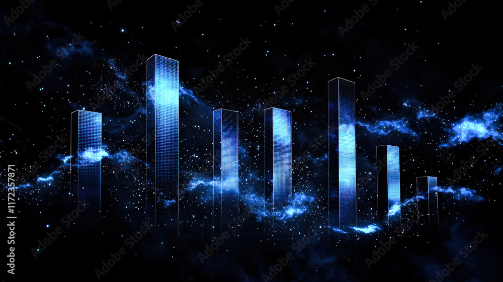 A holographic 3D bar chart with each bar floating in space, surrounded by glowing particles that dynamically react to data movement, creating a visually engaging and futuristic display of information. A holographic 3D bar chart with each bar floating in space, surrounded by glowing particles that dynamically react to data movement, creating a visually engaging and futuristic display of information.