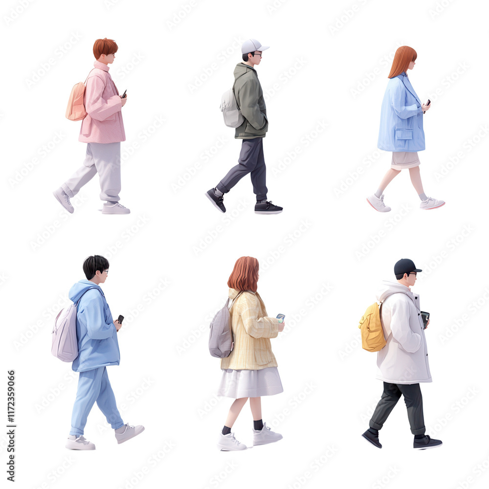 Six stylized figures walking, each dressed in casual clothing and carrying backpacks, showcasing diverse styles and colors. Six stylized figures walking, each dressed in casual clothing and carrying backpacks, showcasing diverse styles and colors.