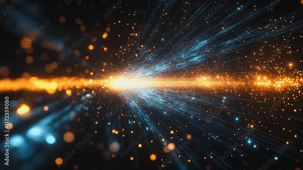 Obraz premium Cosmic Burst: Abstract artwork depicting a vibrant burst of light and energy, streaking across a dark background with glittering particles. Perfect for futuristic and technology concepts. 