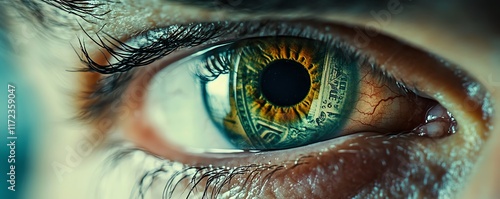 Detailed closeup of an eye with money appearing in the iris, evoking the concept of sellout or venal behavior with intense visual impact photo