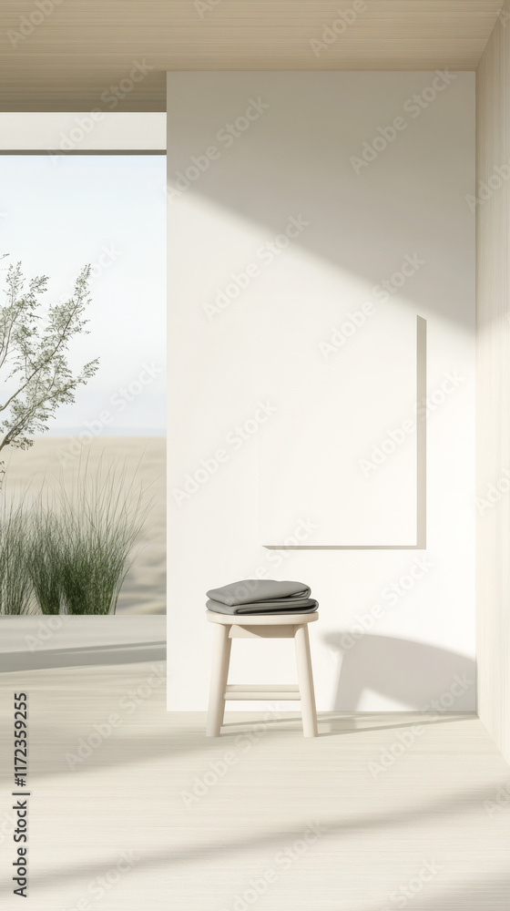 Fototapeta premium Modern minimalist interior design featuring a simple stool and natural light