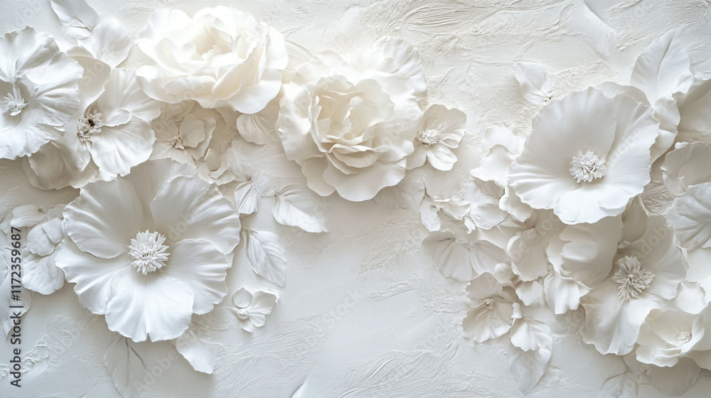 Elegant white floral arrangement empty space for text, Delicate white textured backdrop adorned and daisies and other blossoms forming. Elegant white floral arrangement empty space for text, Delicate white textured backdrop adorned and daisies and other blossoms forming.