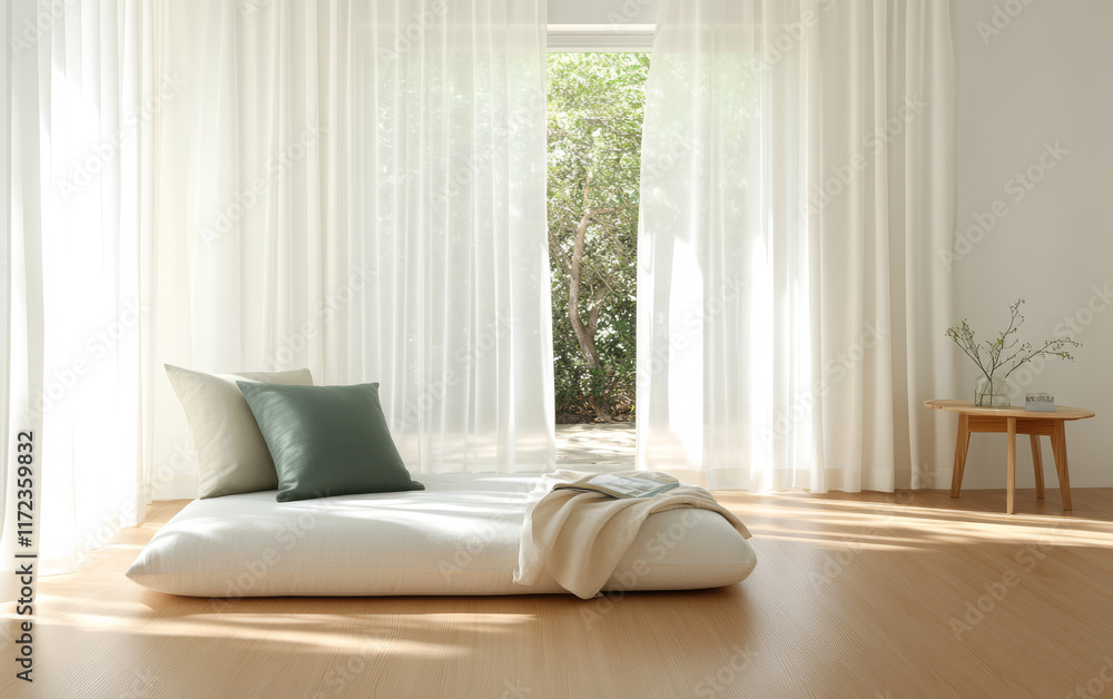 Fototapeta premium Minimalist indoor space with natural light and green accents for relaxation or meditation