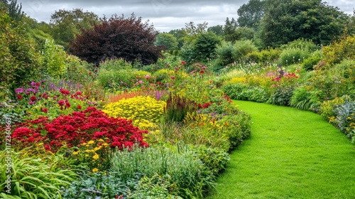 Vibrant flower garden with winding path and lush greenery.