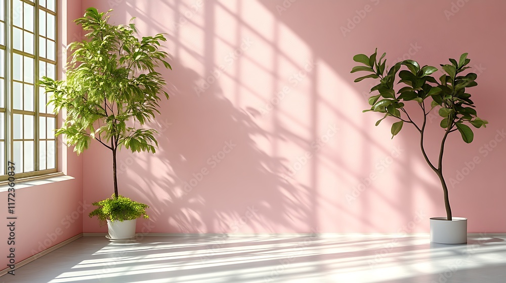 Pink wall room with plants and window light. Pink wall room with plants and window light.