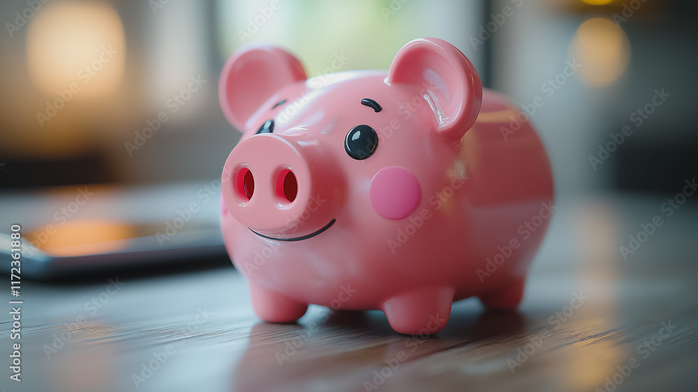 Pink Piggy Bank on Desk Pink Piggy Bank on Desk