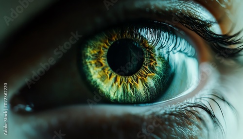 Eye of a person with the iris turning into money, representing the sellout and venal concept, with sharp details and a focus on material greed photo