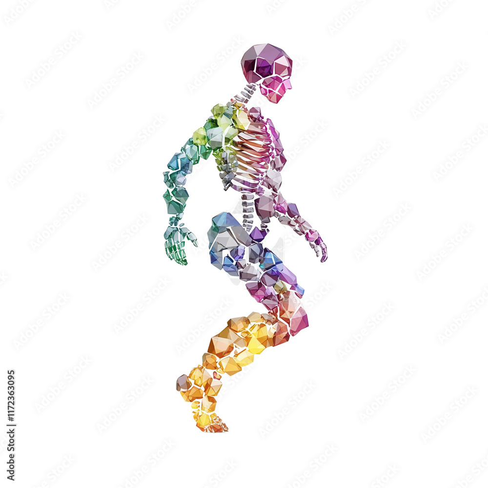 A colorful, geometric representation of a human skeleton in motion, showcasing a blend of various crystal-like structures. A colorful, geometric representation of a human skeleton in motion, showcasing a blend of various crystal-like structures.