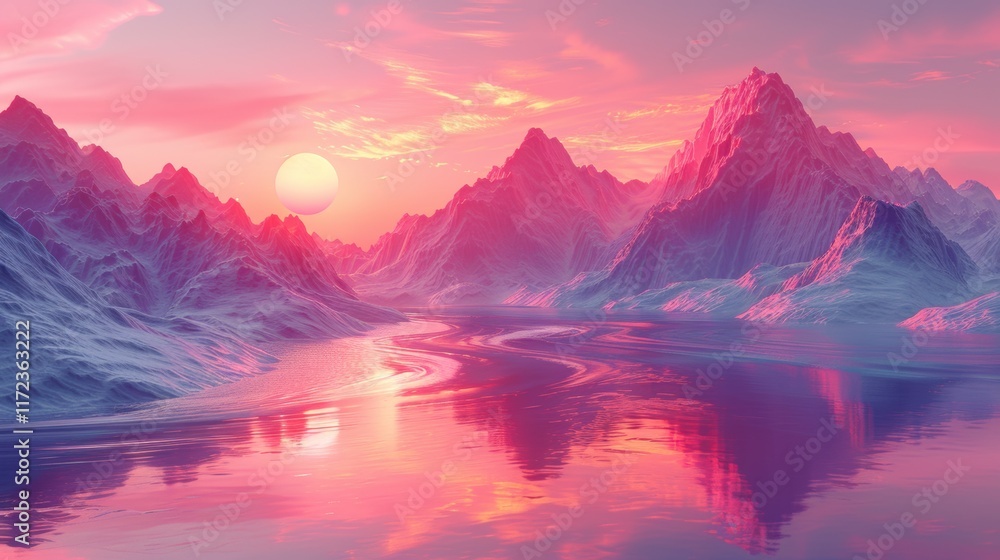 Obraz premium Pink Sunset Mountains 8K Digital Landscape Dreamy Nature Scene