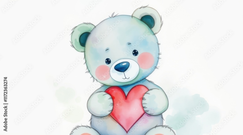 Watercolor illustration of a teddy bear holding a red heart. Watercolor illustration of a teddy bear holding a red heart.
