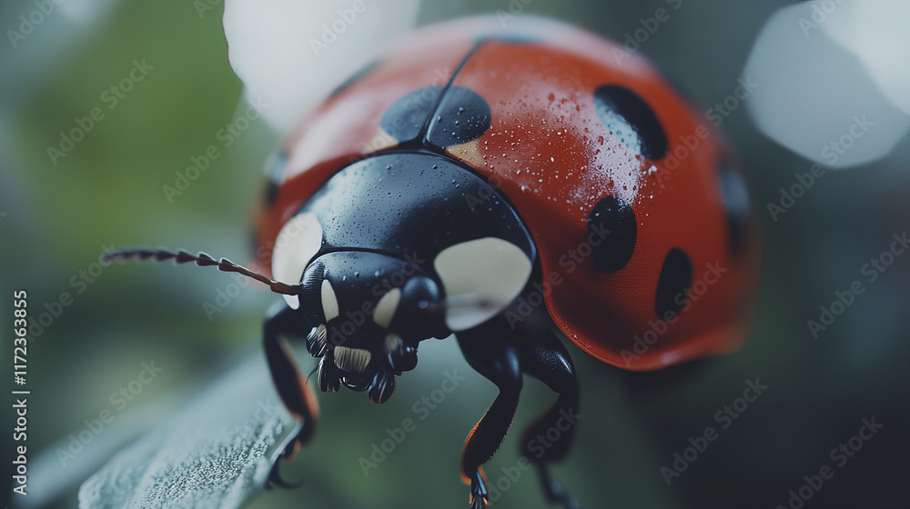 Fototapeta premium close up of ladybug with bold black spots on red shell, showcasing nature beauty