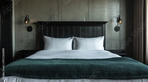 Hotel bedroom, king bed,teal blanket, concrete wall, window view, interior design