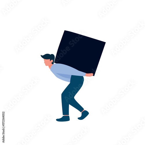 Businessman holding huge stone on shoulders. Sad man carrying heavy rock. Unhappy tired male person with boulder in hands. Duty, debt, difficult, burden, office hardship. Hard work vector illustration