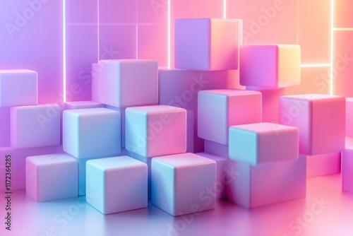 A gradient background with glowing 3D blocks stacked in a grid, each representing various Web3 elements like NFTs, tokens, and smart contracts.