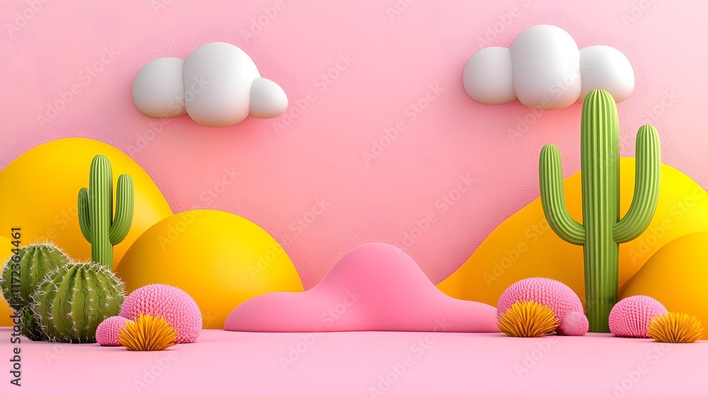 Vibrant desert landscape colorful cacti and clouds digital art playful environment minimalist viewpoint creative concept Vibrant desert landscape colorful cacti and clouds digital art playful environment minimalist viewpoint creative concept