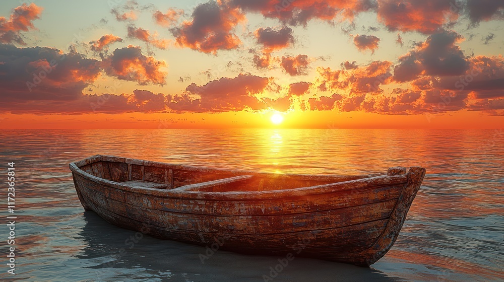 Sunset over a calm sea with an old wooden boat. Sunset over a calm sea with an old wooden boat.