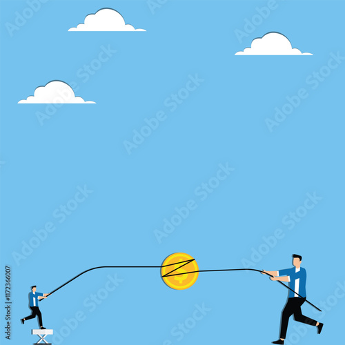 Unfair business or professional competition, unequal balance of power, tug-of-war dollar sign between small and large businessmen