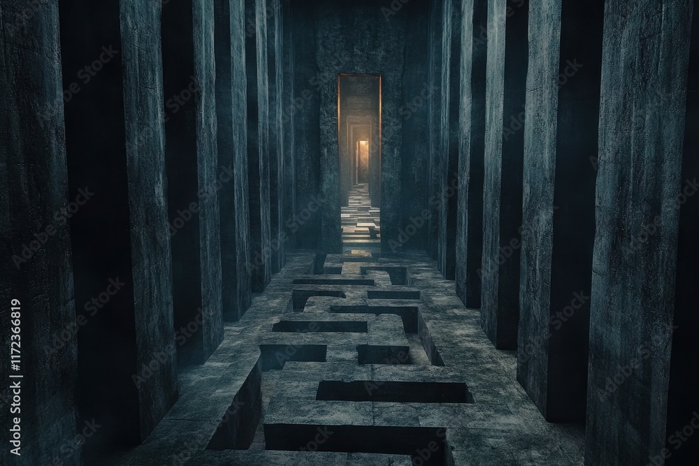 Dark Hallway With Intricate Maze Path Illuminated by Soft Light at the End Dark Hallway With Intricate Maze Path Illuminated by Soft Light at the End