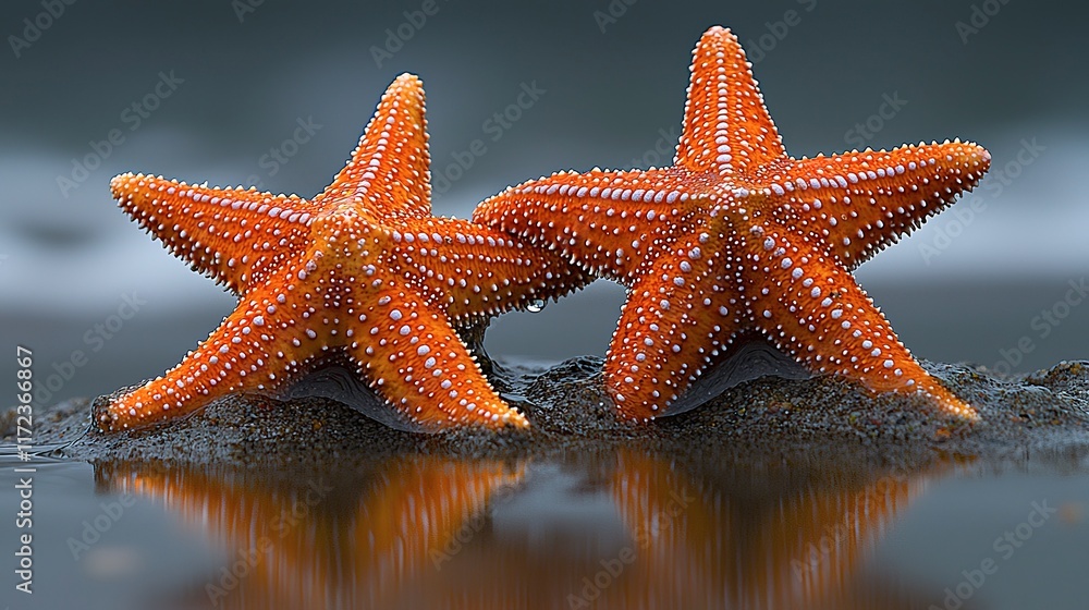 Two Orange Starfish Resting On Wet Sand Two Orange Starfish Resting On Wet Sand