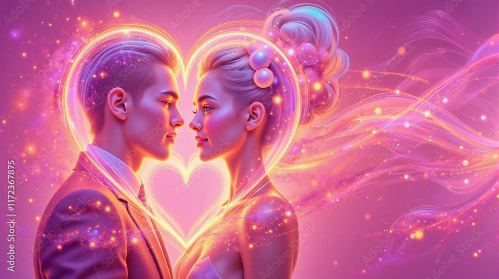 Couple facing each other with a glowing heart shape in a purple background Couple facing each other with a glowing heart shape in a purple background