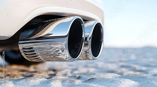 Car exhaust close-up coastal setting automotive photography bright environment low angle view performance concept photo