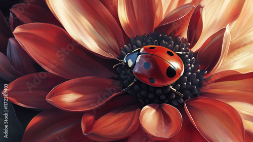 ladybug rests on bright blooming flower, showcasing vivid red petals