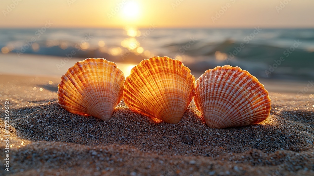 Three Seashells Bask In Sunset Glow On Sandy Beach Three Seashells Bask In Sunset Glow On Sandy Beach