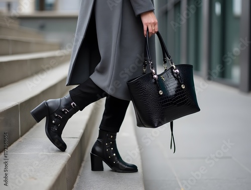 Stylish Woman in Grey Coat and Black Boots with Crocodile Handbag