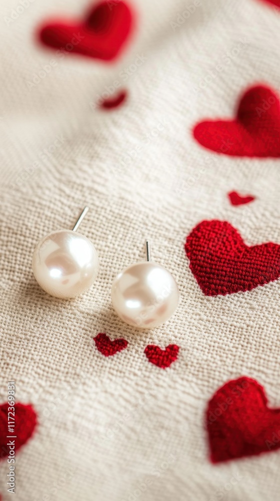 Obraz premium Pearl Earrings Resting on Fabric with Hearts